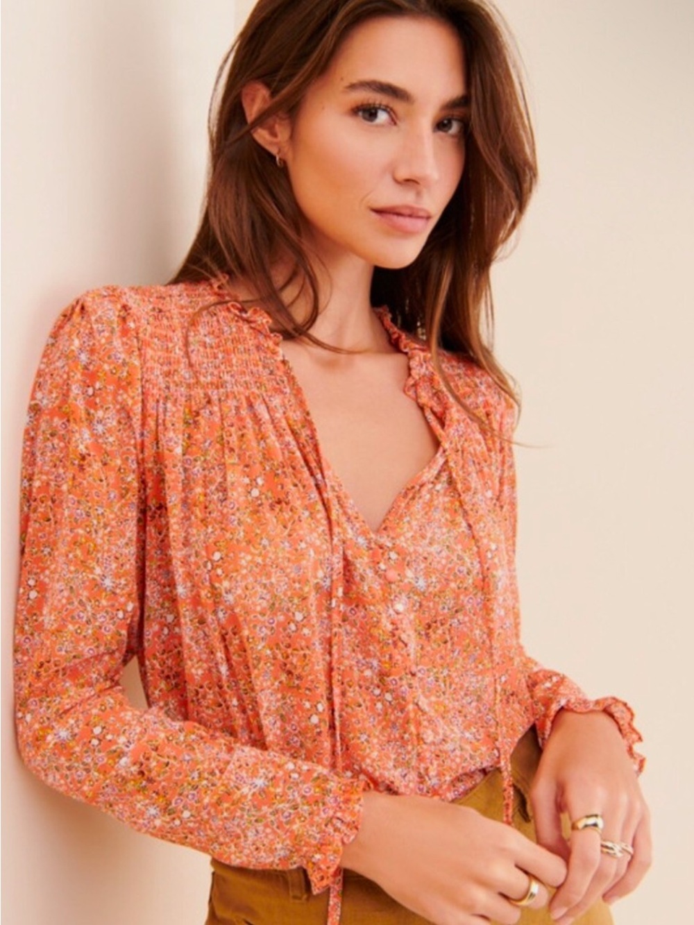 Free People Coral Floral Tie-Neck Blouse. NWT